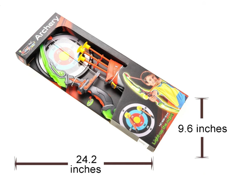 Kids bow and arrow toy set in packaging with dimensions shown – includes target, quiver, and light-up bow