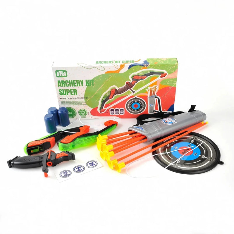 Complete archery play set for kids with bow, arrows, target, and cans, packaged for interactive fun