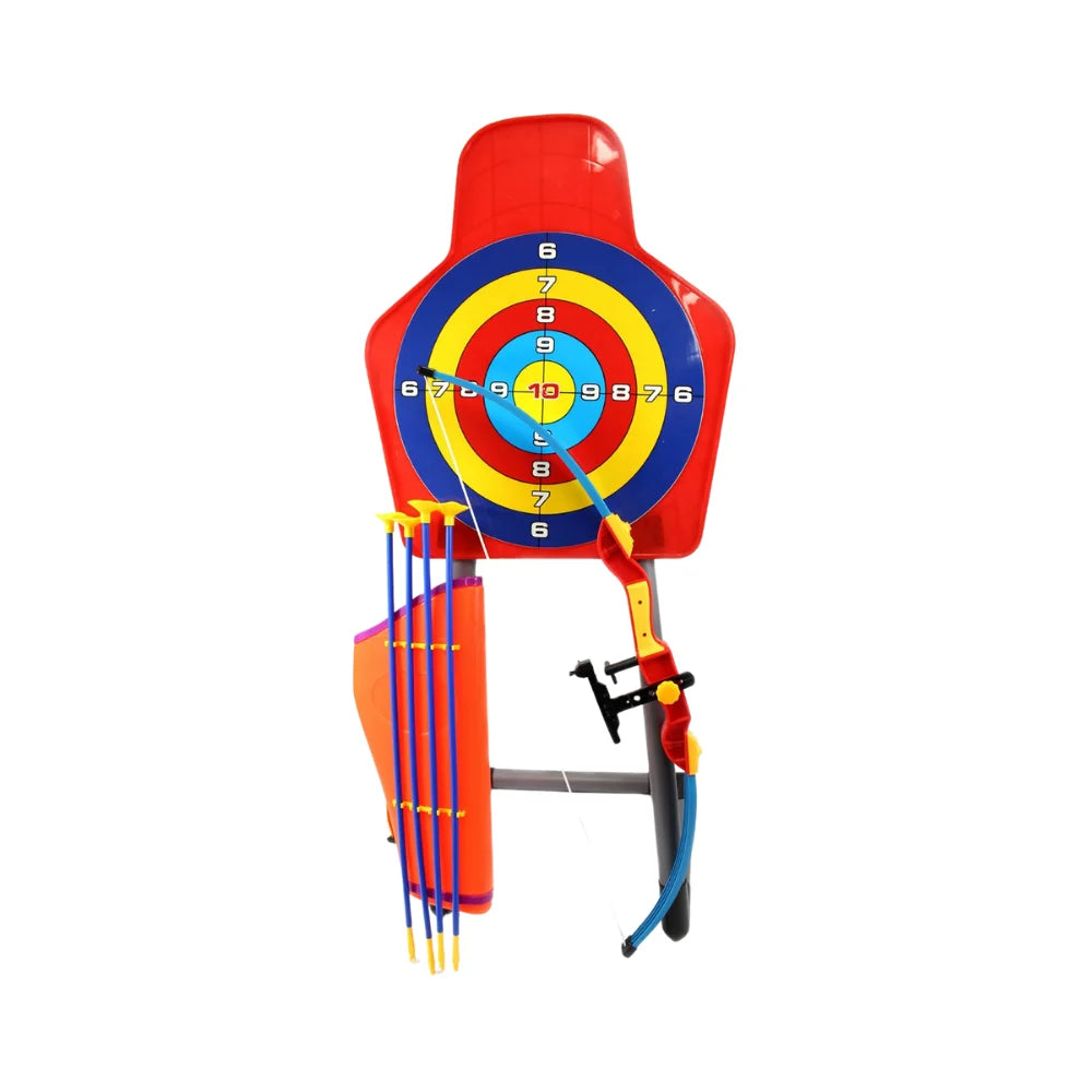 "Complete archery set toy with a colorful target, bow, and suction arrows, perfect for children looking to practice their aim with a toy archery bow and arrow set."