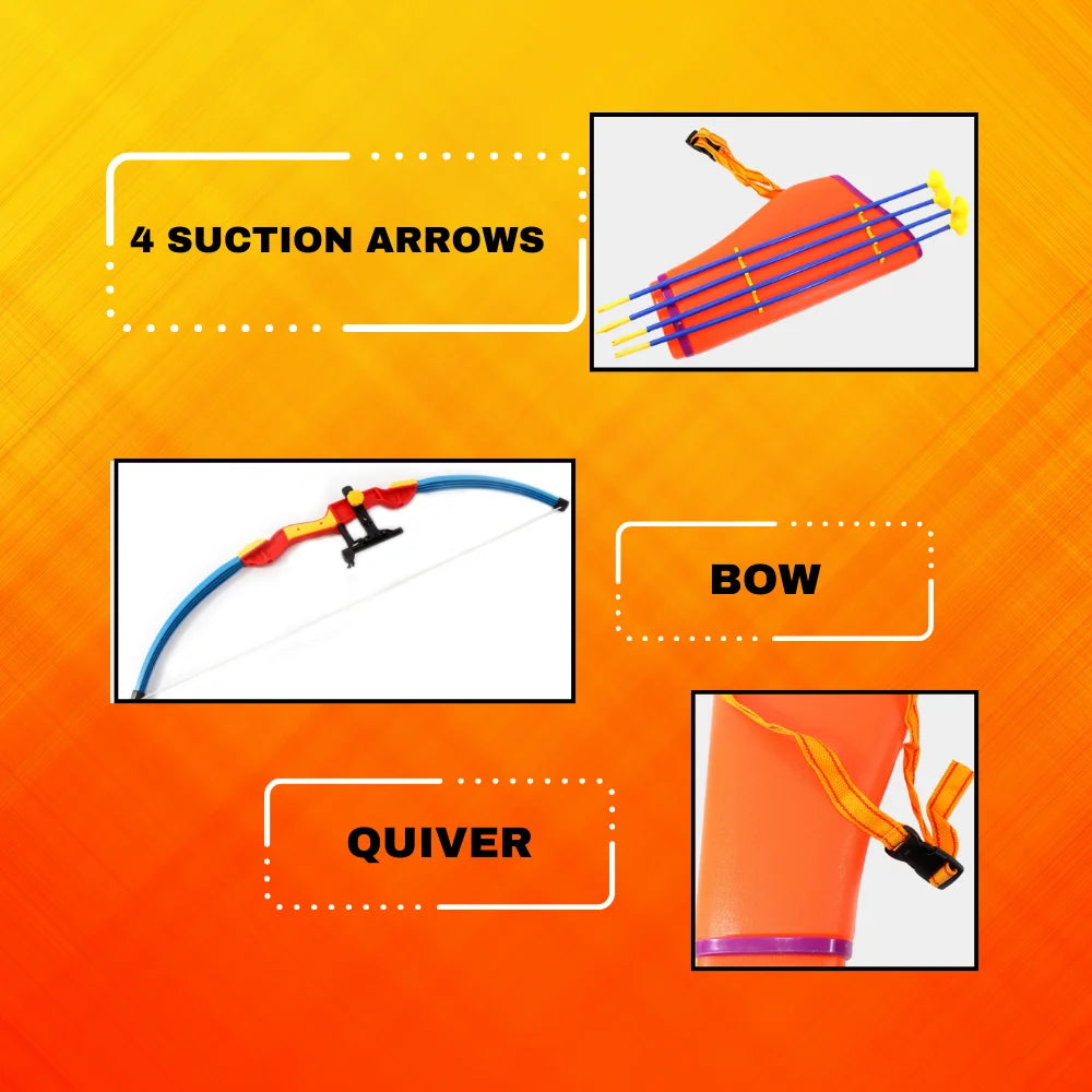  "Breakdown of features for the toy archery set, including four suction arrows, a quiver, and a sturdy bow, making it an exciting toy bow and arrow archery set for kids."