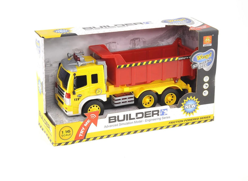 Large dump truck toy in retail packaging, 1:16 scale, friction-powered for realistic construction play.