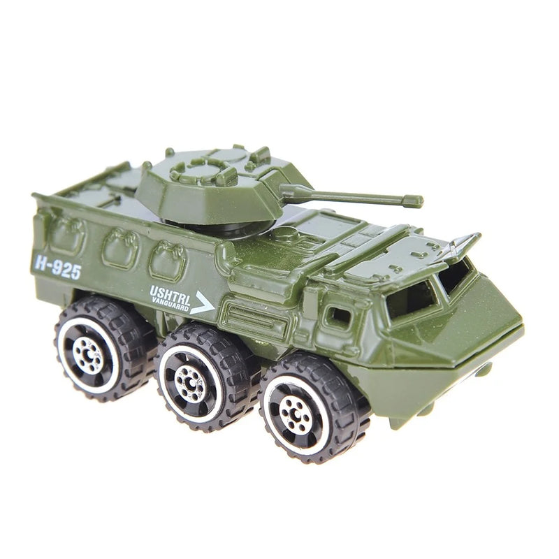Green armored military vehicle toy with turret, part of army playset.