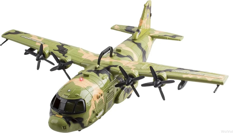 Green camouflage army airplane toy with realistic design and propeller engines - a great addition to any military toy collection