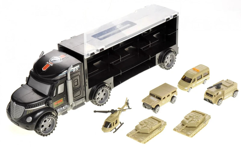 Army lorry toy with multiple military tank vehicles, perfect for kids' imaginative play