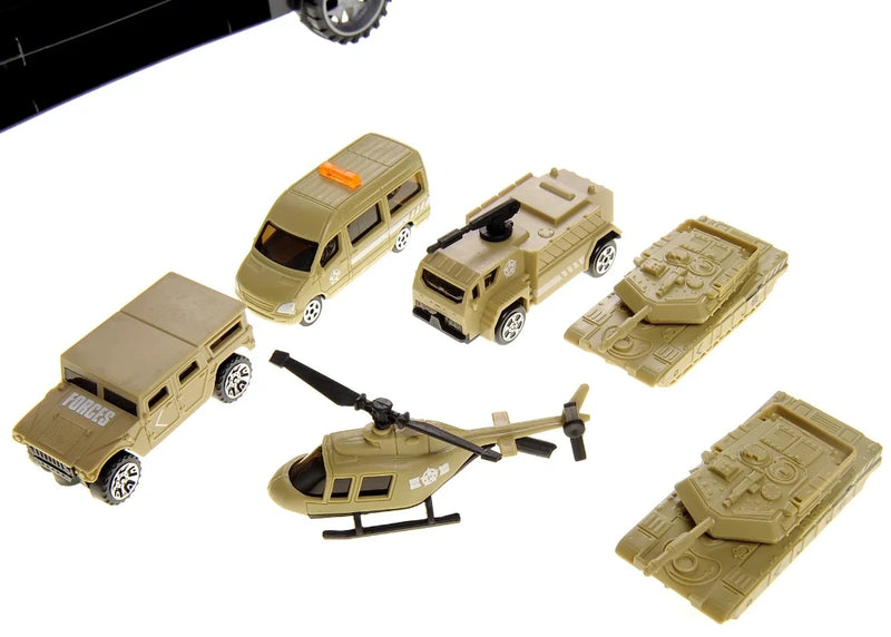 Collection of army vehicle toys including helicopter, armored truck, and tank, designed for interactive play.
