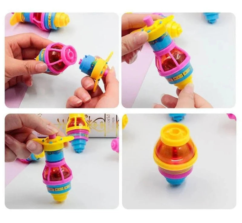 Step-by-step assembly of the LED gyro top toy, showing hands putting together parts for easy play