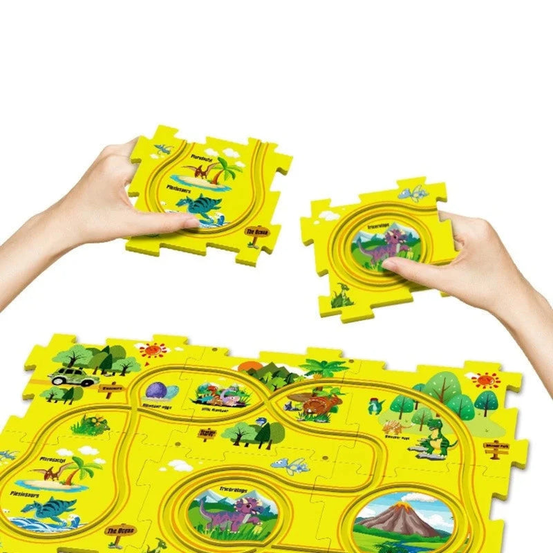 Hands assembling pieces of a dinosaur-themed road puzzle for kids, ideal for interactive learning