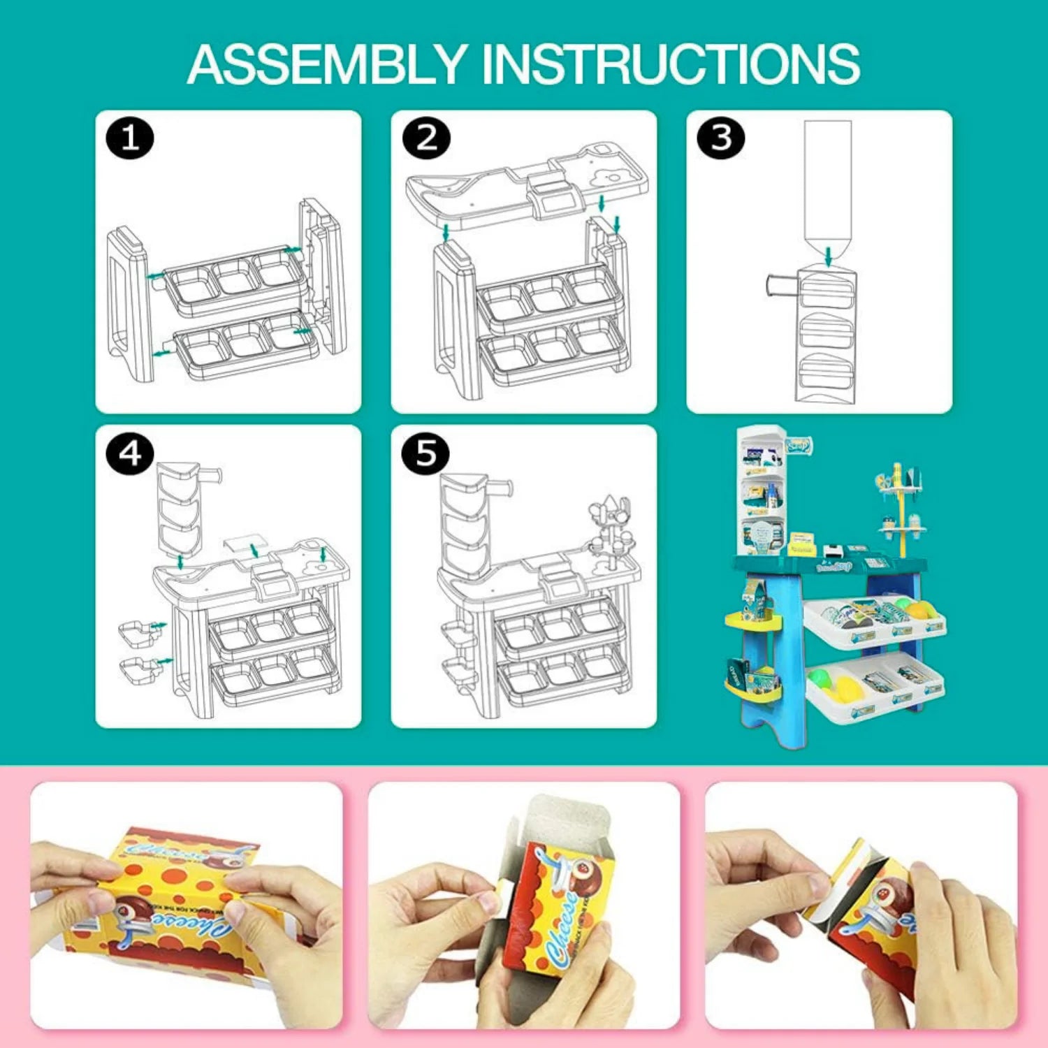 Assembly instructions for the kids supermarket and grocery store playset.