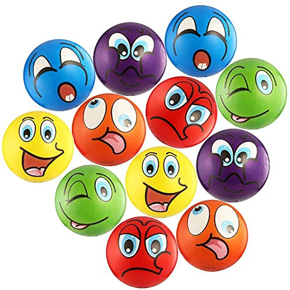Assorted color emoji stress balls pack with smiling, winking, and surprised faces for enjoyable stress relief.