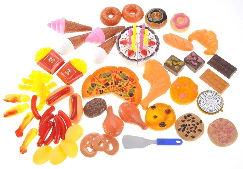 Assortment of play kitchen food items including pizza slices, donuts, and ice cream cones for a realistic play food experience
