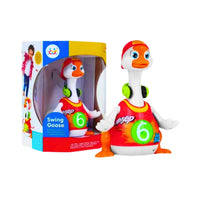 Baby musical dancing goose toy in its packaging, showing its fun design.