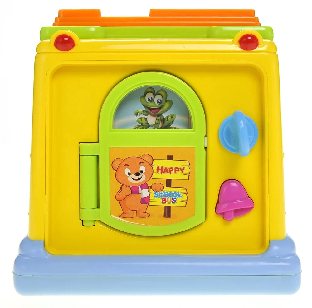  Back door of a learning school bus toy with animal illustrations and interactive play features for toddlers.