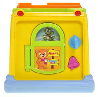  Back door of a learning school bus toy with animal illustrations and interactive play features for toddlers.