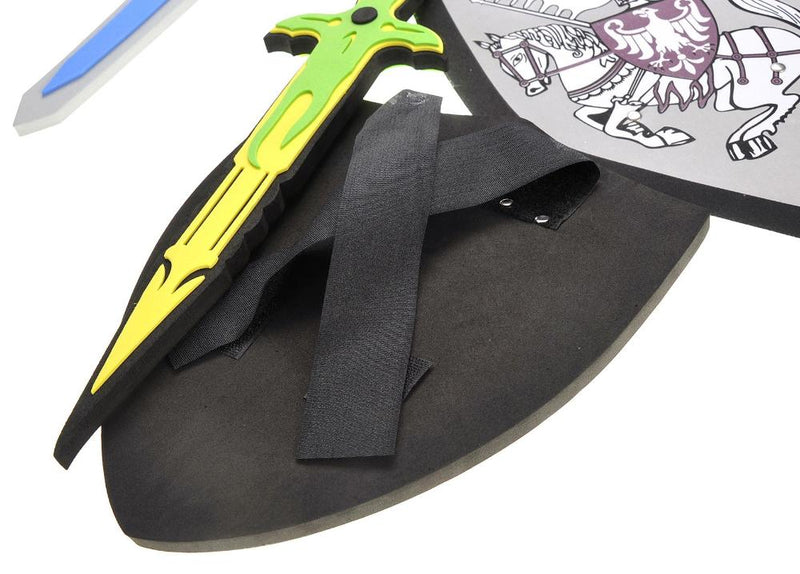 Back view of the foam shield with attached sword, showing secure handle straps for easy play