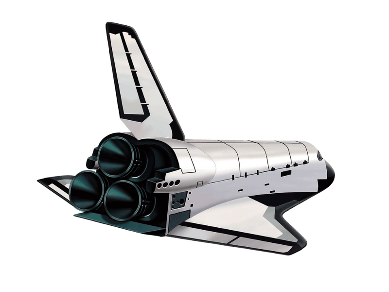Back view of a toy space shuttle with detailed rocket thrusters, part of a space playset.