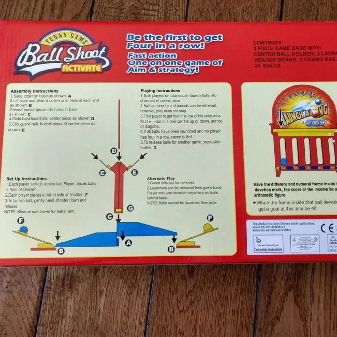 Assembly and setup instructions for the Ball Shoot Activate game showing the components and step-by-step guide