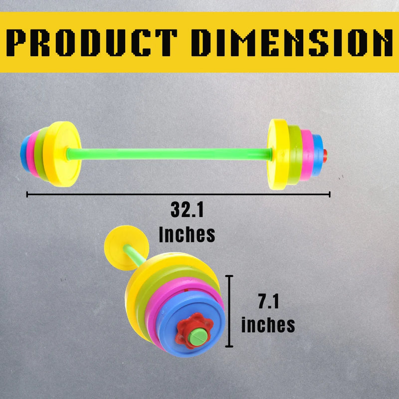 Product dimensions of the kids’ barbell toy, measuring 32.1 inches in length and 7.1 inches in height