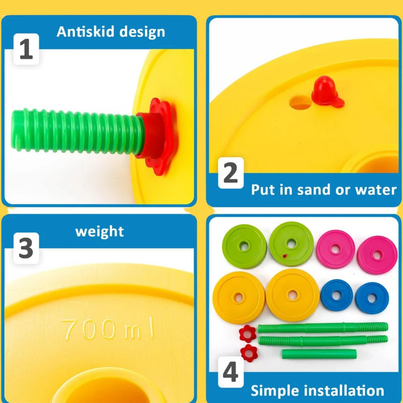 Step-by-step setup of the barbell toy with antiskid design, weight capacity, and simple installation