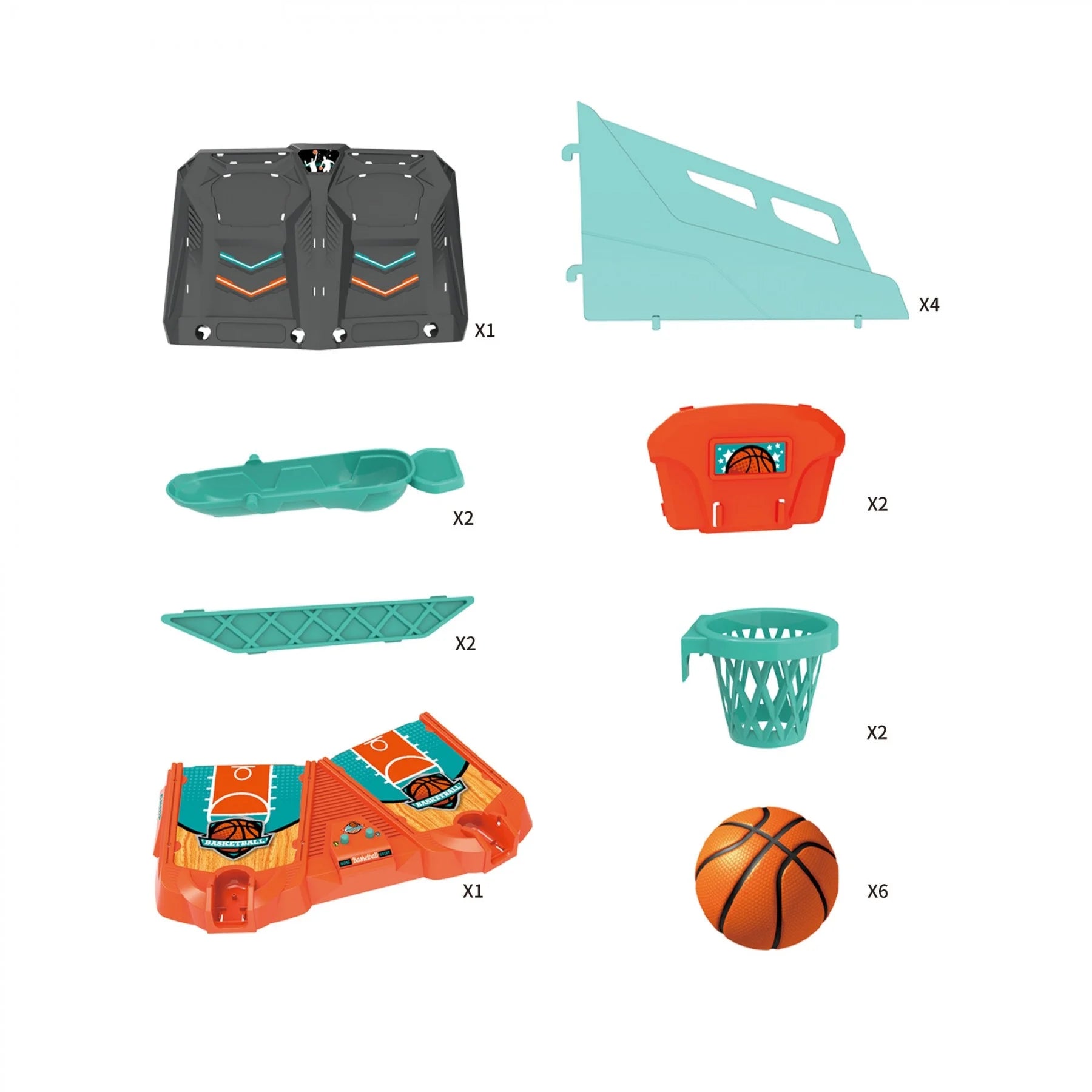 Components and parts of the basketball tabletop game, including hoops, panels, and launchers.