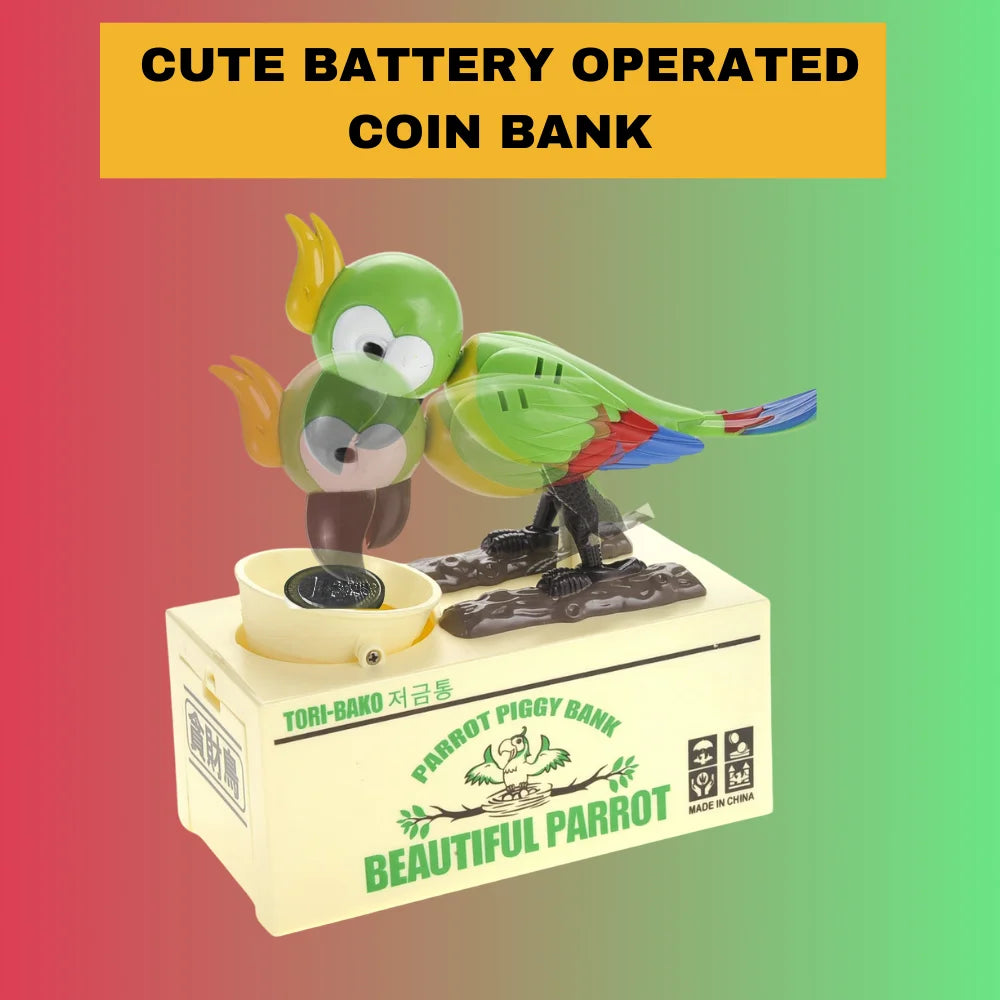 Battery-operated parrot coin bank, demonstrating the coin-eating mechanism with vibrant colors