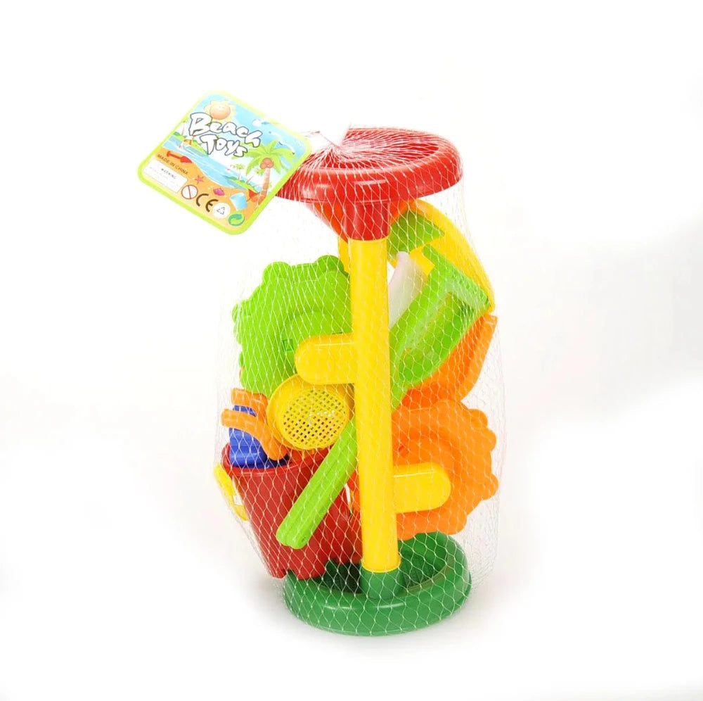 Double Sand Wheel Beach Toy Set – Includes Bucket, Shovels, Rakes, Sailboat, and 3 Molds for Kids' Fun