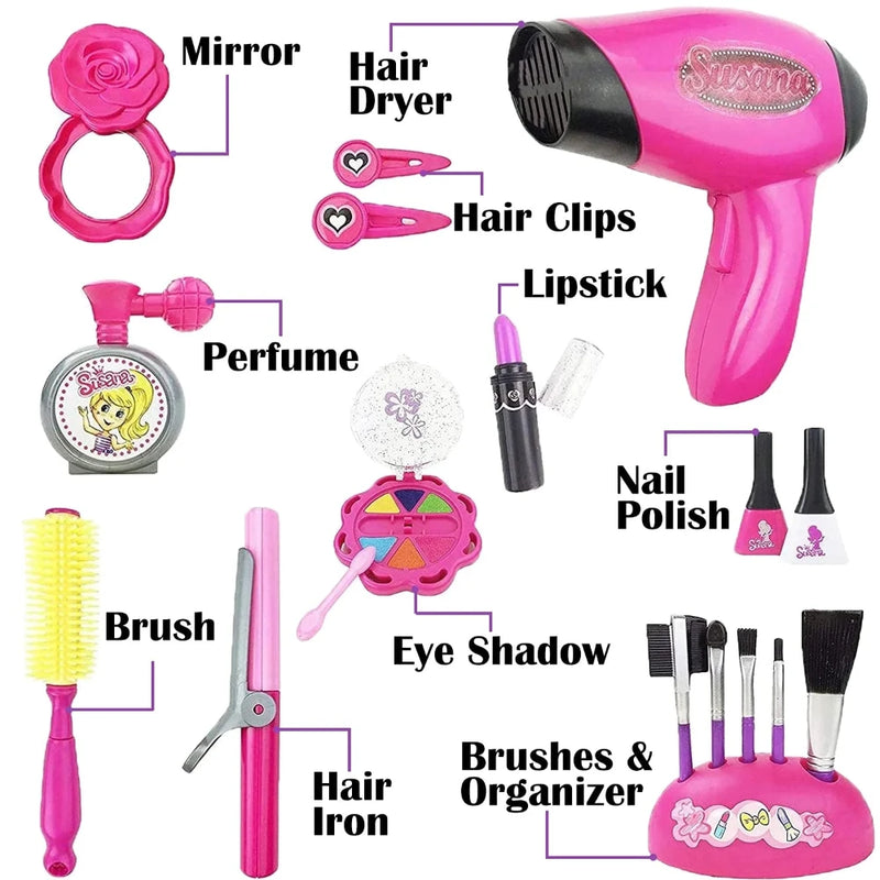 Beauty collection toy featuring hair dryer, mirror, makeup, and various beauty accessories