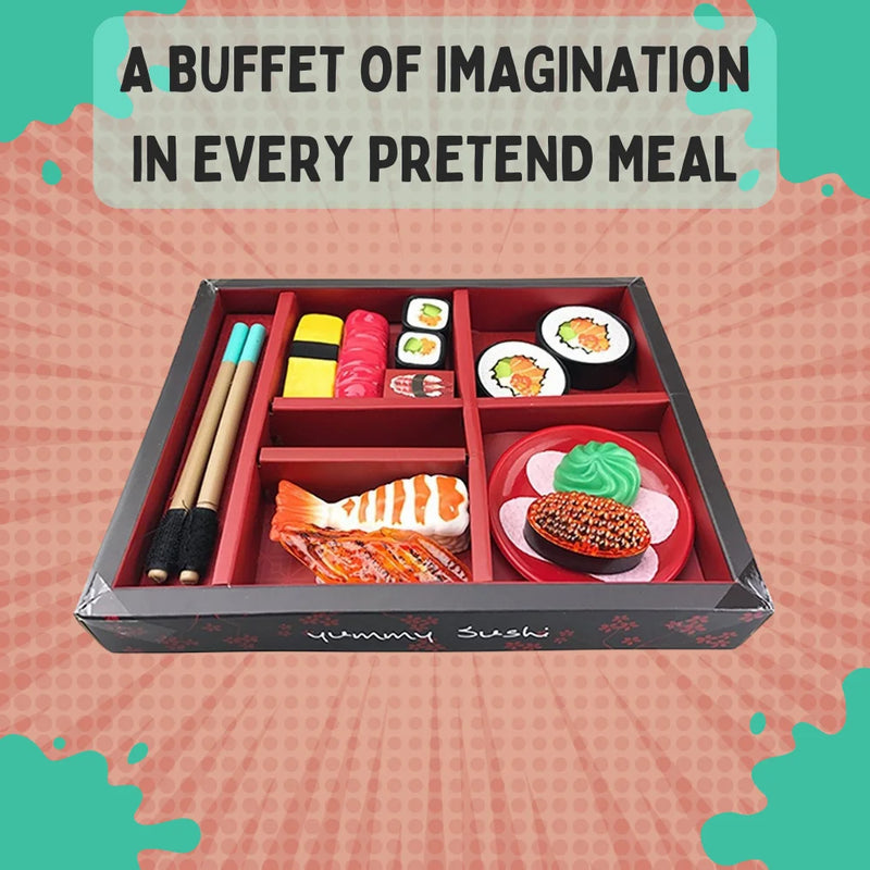 Complete bento box sushi play set with realistic toy sushi, perfect for pretend food play