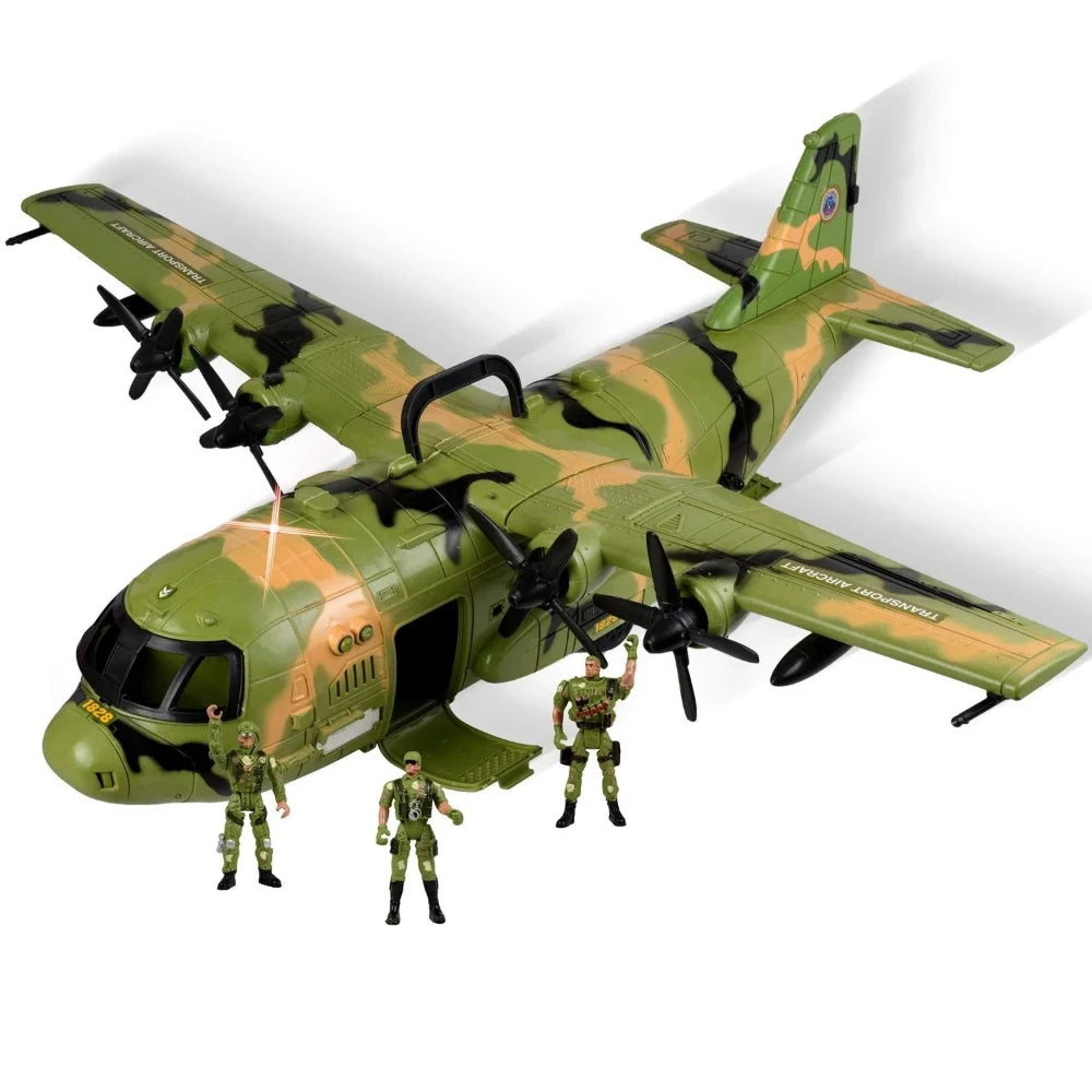 Large camouflage military airplane toy with action figures, designed for kids who enjoy military and air force toys