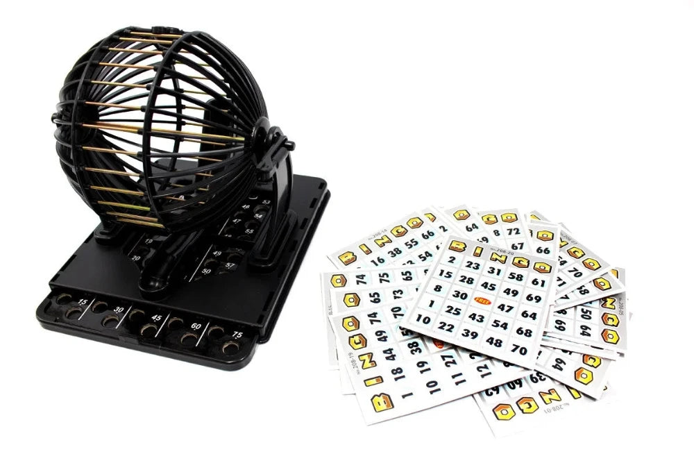 Bingo Cage Set with Spinning Wheel, 75 Bingo Balls, and 20 Cards