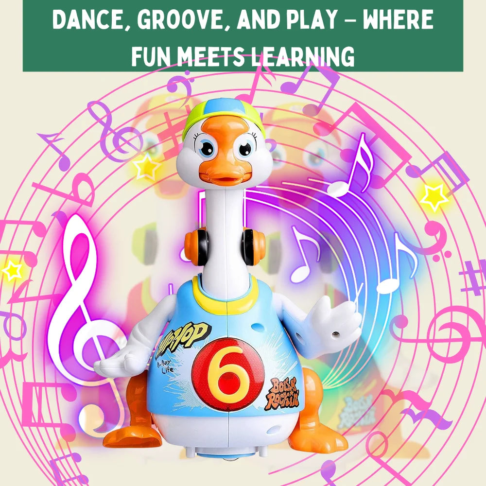 Musical Hip Hop Goose Toy with bright colors and a rocking number six on its belly, promoting fun and learning.