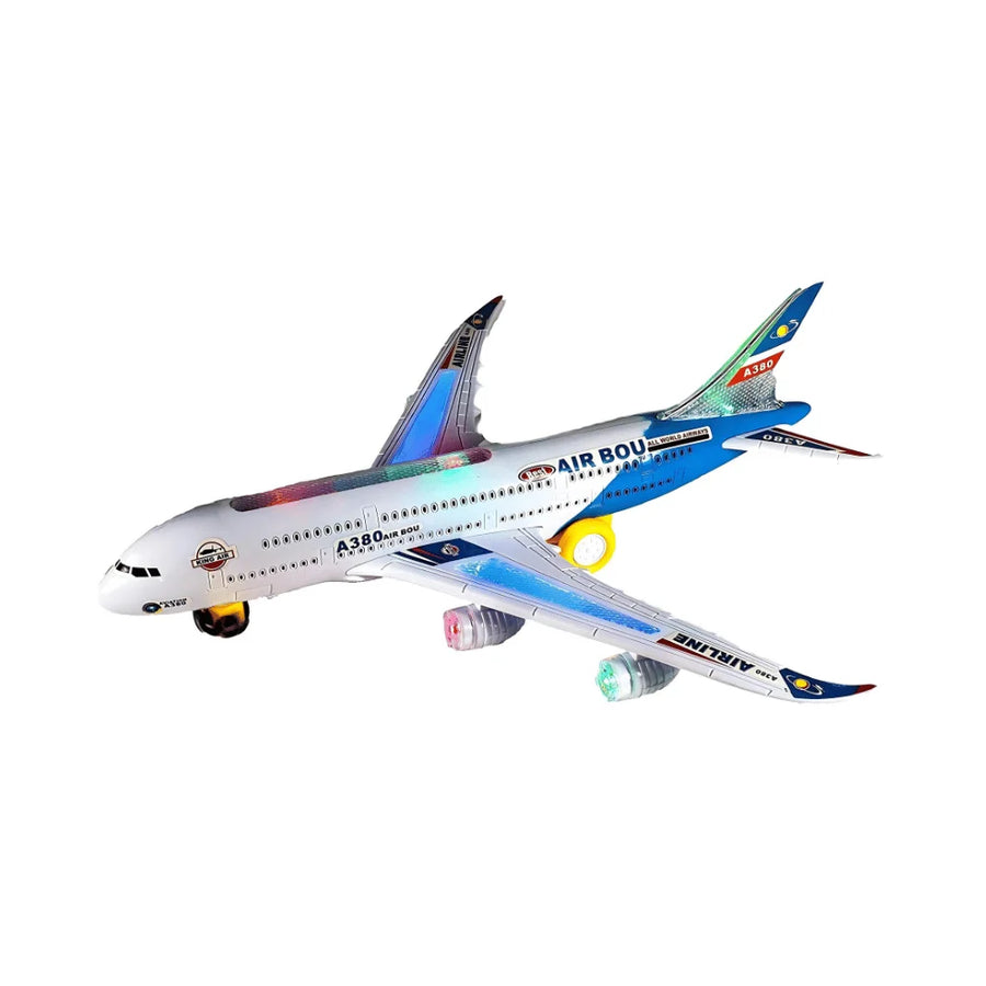 "Side view of a blue airplane toy Airbus A380 with flashing lights, designed for children who enjoy toddler airplane toys."