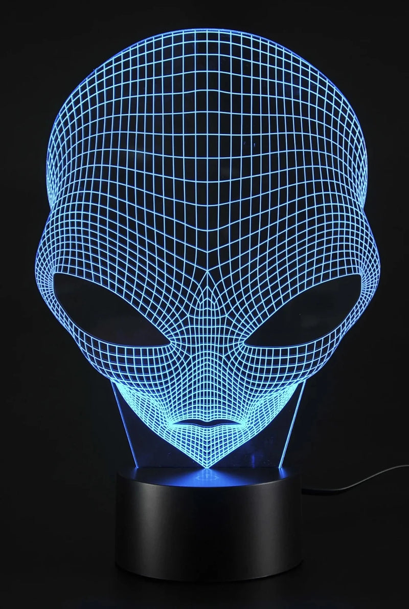 Blue alien head 3D LED lamp with intricate grid design, adds a sci-fi theme to any space with vibrant lighting