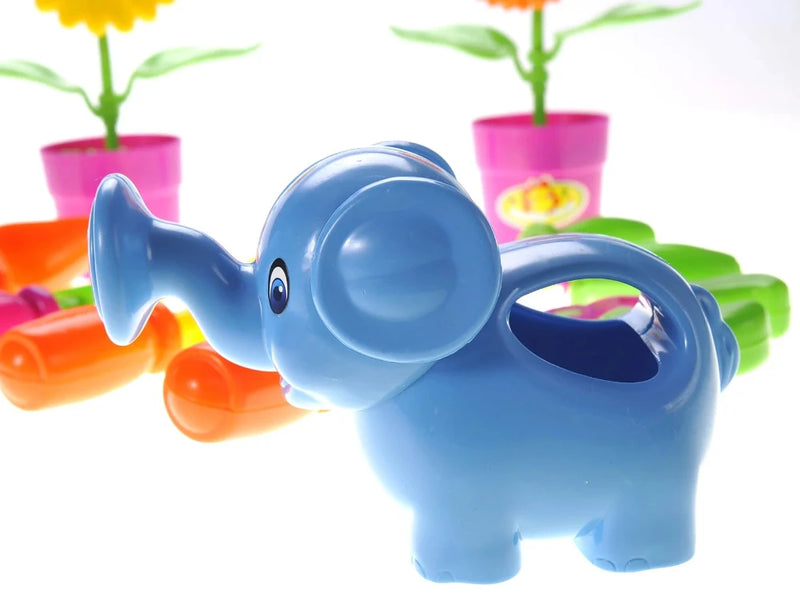 Blue elephant watering can for kids, part of a gardening tool set for children’s playtime