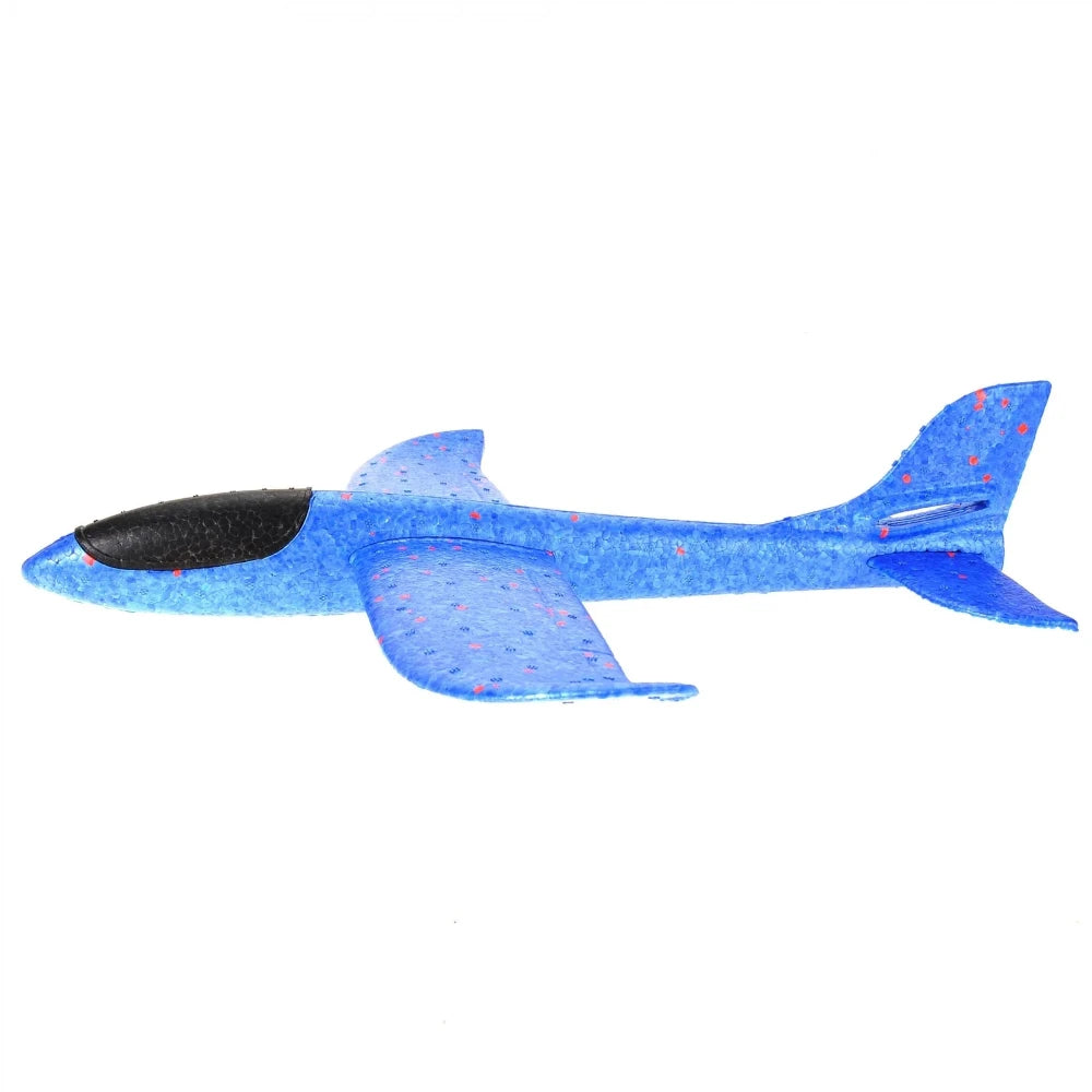 Full side view of a blue glider airplane toy for kids, made with impact-resistant EPP foam