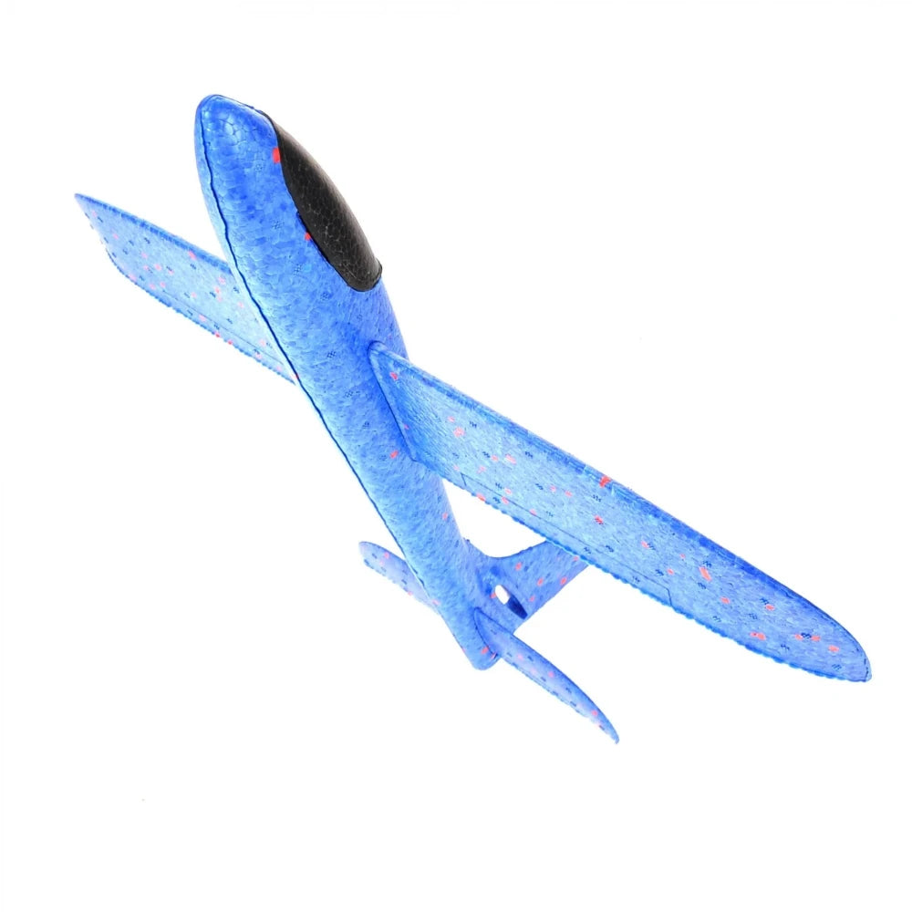 Blue glider airplane toy in flight-ready position, crafted from EPP foam for flexibility and durability