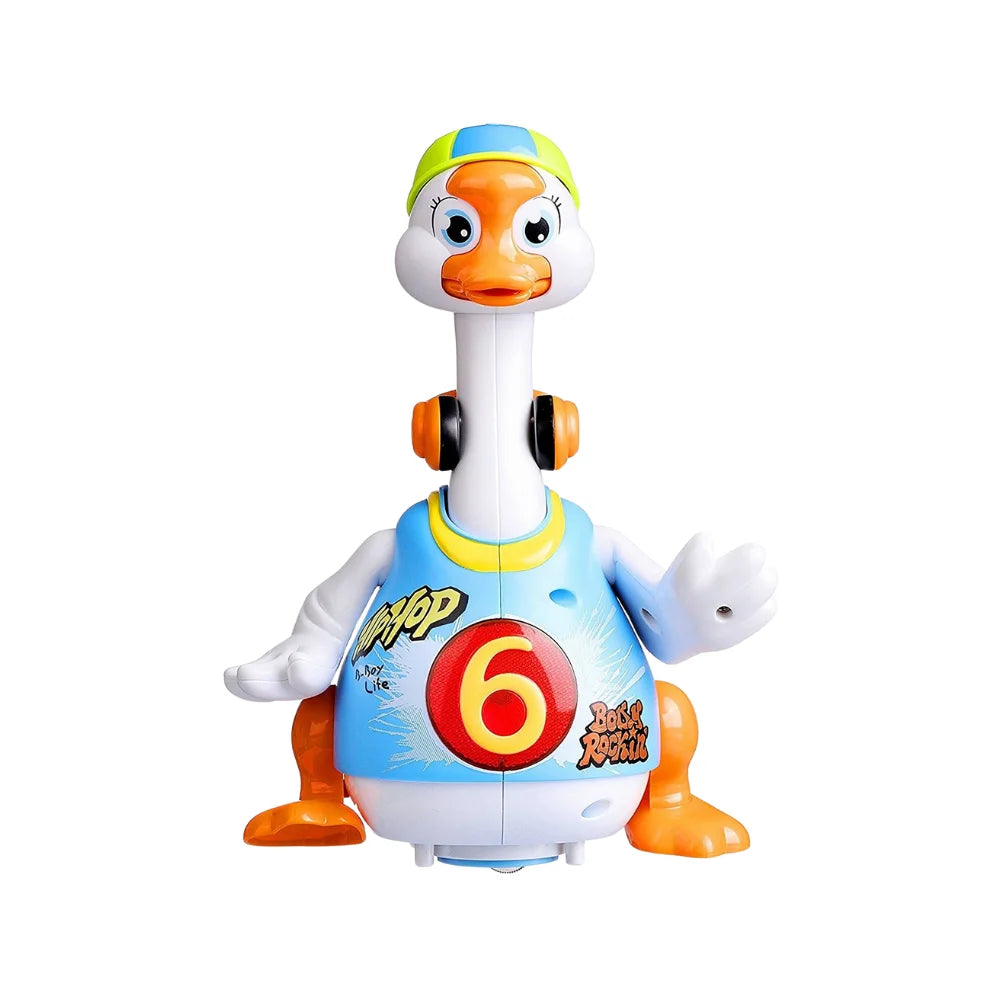 Front view of Hip Hop Duck Toy, dressed in blue and yellow, featuring fun and interactive dance moves for kids.