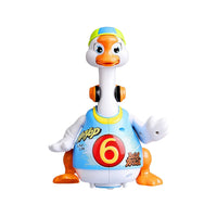 Front view of Hip Hop Duck Toy, dressed in blue and yellow, featuring fun and interactive dance moves for kids.