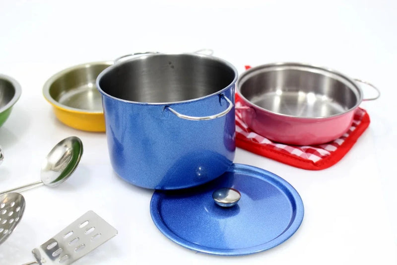 Blue metal toy pot with lid from a pretend play kitchen set for children, encouraging imaginative cooking.