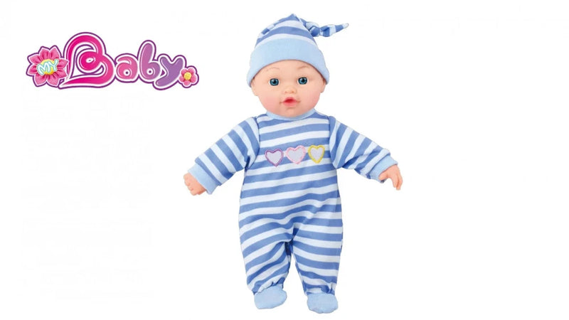 Realistic twin baby doll in blue striped outfit with heart details - ideal for cuddle play and twin doll collections