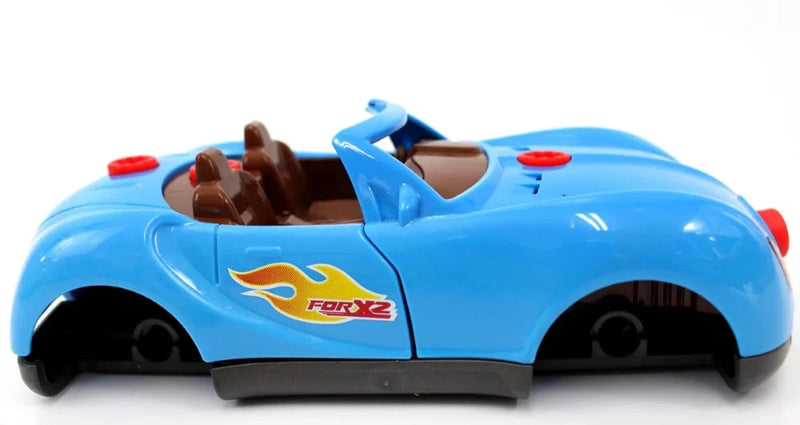 Side view of blue toy race car with flame decals, part of a fun car race track toy set