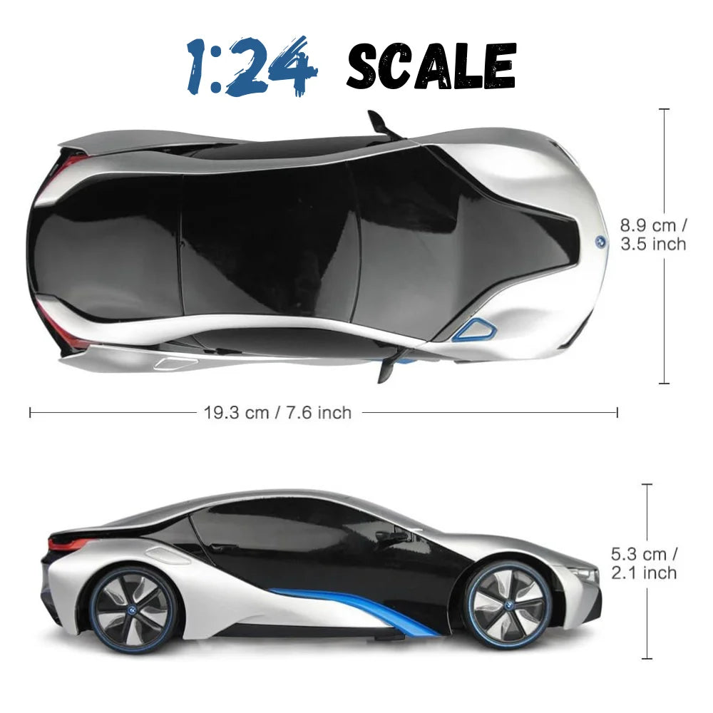 Dimensions of the BMW i8 RC car, displaying length, width, and scale size."

