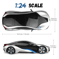 Dimensions of the BMW i8 RC car, displaying length, width, and scale size."

