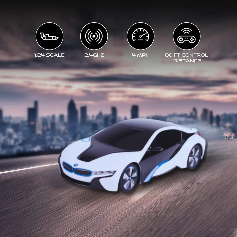 BMW i8 RC car specifications, including scale, speed, and control range, with cityscape background.