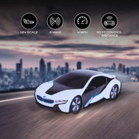 BMW i8 RC car specifications, including scale, speed, and control range, with cityscape background.