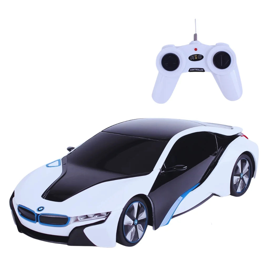 BMW i8 remote control car in white with a wireless controller.