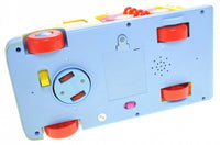 Bottom view of the school bus toy showing wheels and battery compartment, designed for easy mobility and play.