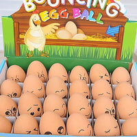 Display box of Bouncing Egg Ball toy set, featuring 24 rubber bouncy eggs with funny faces.