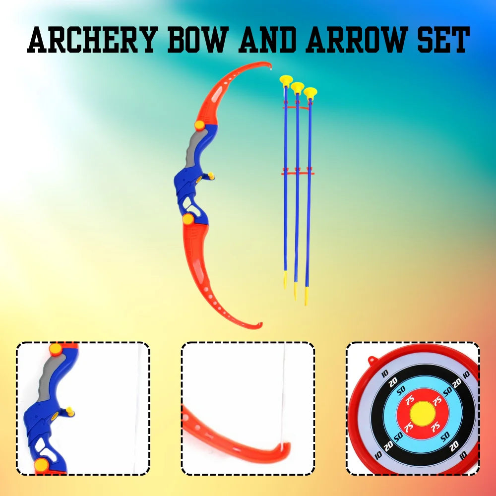 Detailed view of a bow and arrow set for kids with arrows and target.