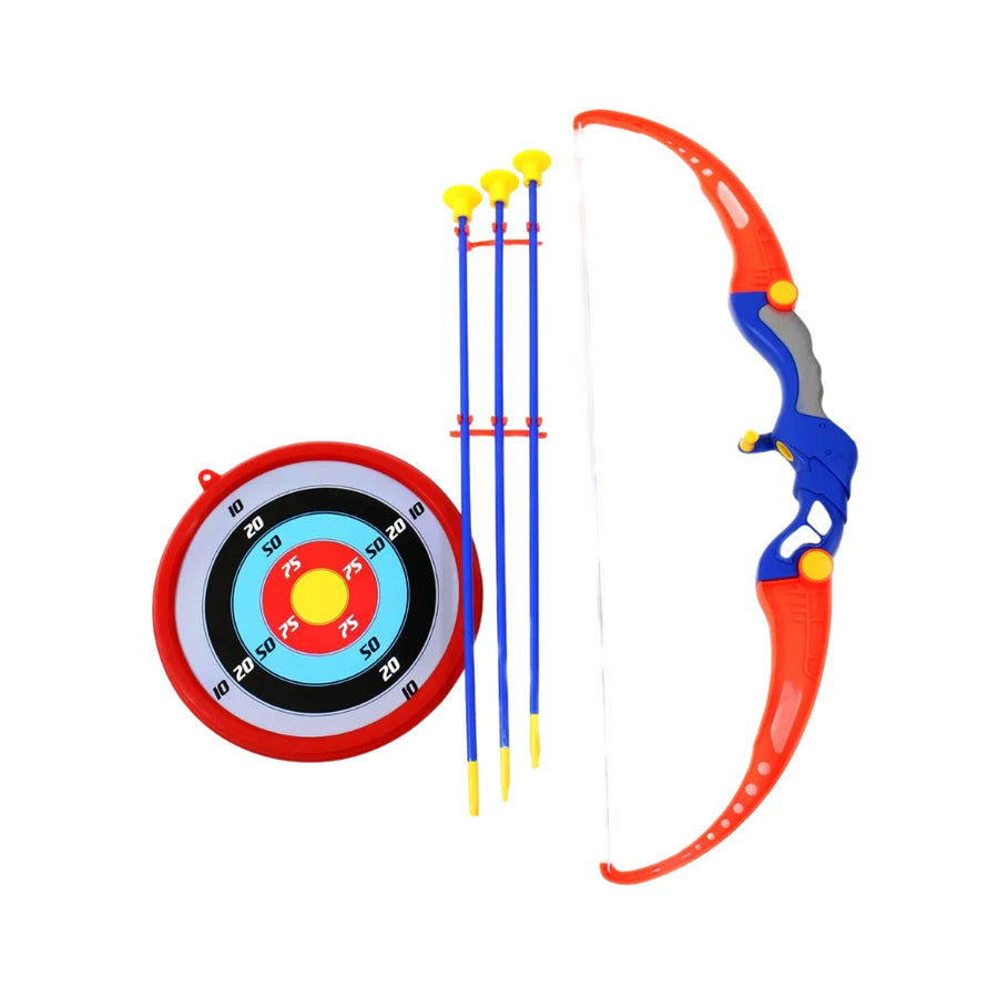 Bow and arrow set for kids with target and three arrows, perfect for beginners.