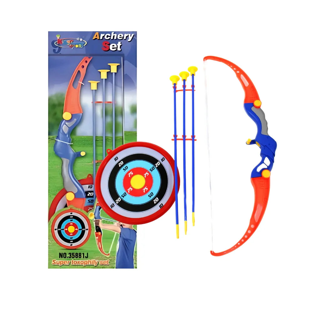 Complete kids' archery set with bow, arrows, and target, displayed in package.